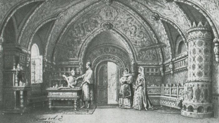 Эскиз художника М. А. Шишкова. «Борис Годунов», 1870 год. Сцена в царской палате