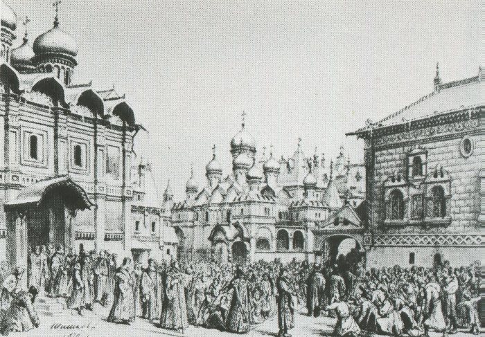 Эскиз художника М. А. Шишкова. «Борис Годунов», 1870 год. Площадь перед соборами в Москве