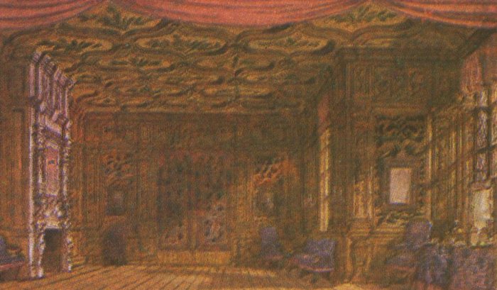 Эскиз художника М. А. Шишкова. «Борис Годунов», 1870 год. Комната Марины Мнишек