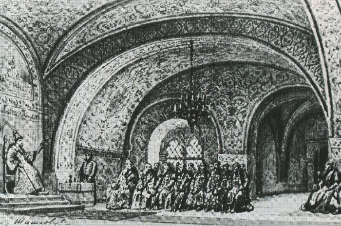 Эскиз художника М. А. Шишкова. «Борис Годунов», 1870 год. Боярская дума